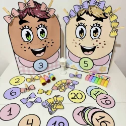 Luva de contagem com bonecas de papel para atividades educativas.