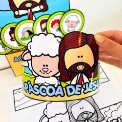 Luva interativa com figuras de Jesus e ovelhas para ensino religioso infantil.