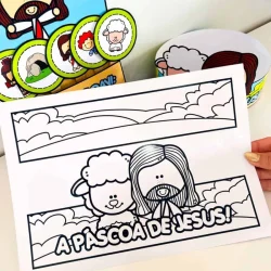 Luva interativa com desenhos de Jesus e ovelhas para Páscoa infantil.