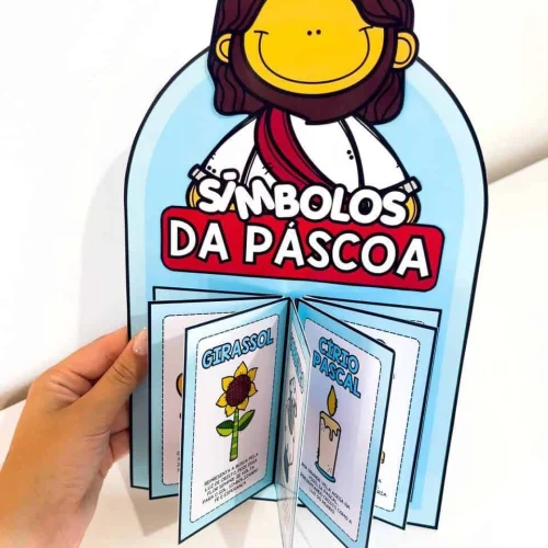 Luva livro com símbolos da Páscoa, incluindo girassol e vela.
