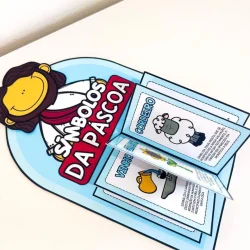 Luva livro com símbolos da Páscoa e personagem sorridente.