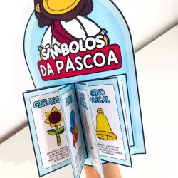Luva livro com símbolos da Páscoa, incluindo girassol e sino Pascal.
