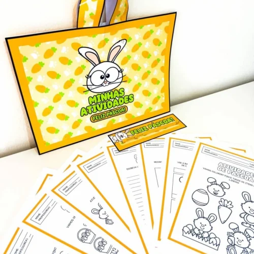 Kit de atividades de Páscoa com desenhos de coelhos e ovos.