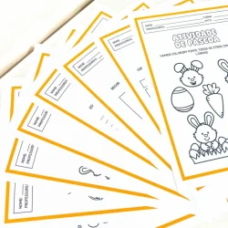 Atividades de Páscoa com desenhos de coelhos e ovos para crianças.