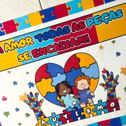 Imagem de crianças com um quebra-cabeça de coração e mensagem de amor.