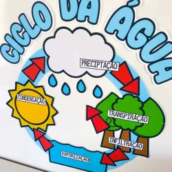 Diagrama do ciclo da água com precipitação, condensação, transpiração, evaporação e infiltração.