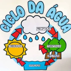 Ilustração do ciclo da água com nuvem, chuva, transpiração e evaporação.