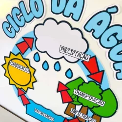 Diagrama do ciclo da água com processos como precipitação e transpiração.