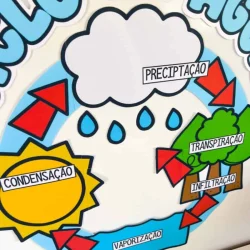 Diagrama do ciclo da água com precipitação, condensação, transpiração, evaporação e infiltração.