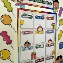Painel de aniversariantes com meses do ano e personagens festivos.