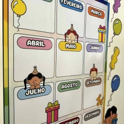 Painel de aniversários com meses do ano e personagens infantis.