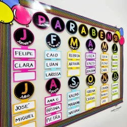Painel de aniversário com nomes e cores vibrantes para comemoração.