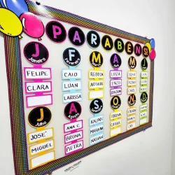 Painel de aniversariantes com nomes e cores vibrantes.