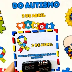 Cartaz do Dia da Conscientização do Autismo com símbolos e cores.