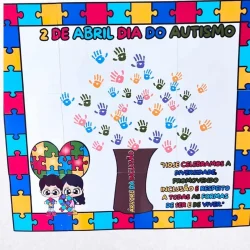 Painel colorido com mãos e árvore simbolizando o Dia do Autismo.