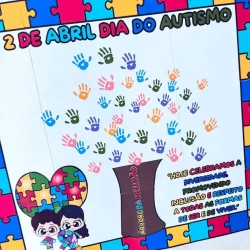 Painel colorido com mãos e quebra-cabeças para o Dia do Autismo.