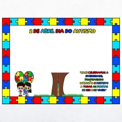Painel comemorativo do Dia do Autismo com árvore e quebra-cabeça colorido.