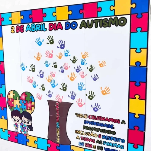Painel colorido com mãos e quebra-cabeças para o Dia do Autismo.