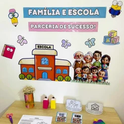 Ilustração de uma escola com uma família e elementos educativos.