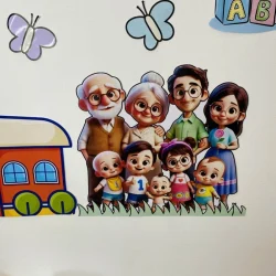 Família e escola com crianças, idosos e professores em ambiente escolar.