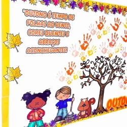 Painel de outono com folhas, mãos coloridas e crianças brincando.
