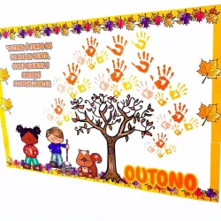 Painel de outono com mãos coloridas e folhas decorativas.