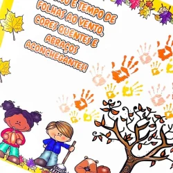 Imagem de crianças e elementos de outono com folhas e mãos coloridas.