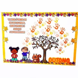 Painel de outono com mãos coloridas, folhas e crianças brincando.