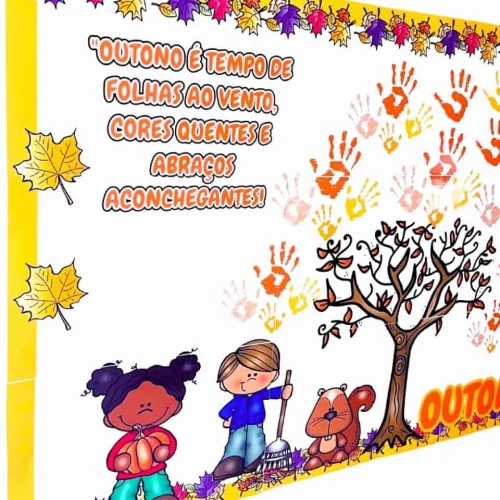 Painel de outono com folhas, mãos coloridas e crianças brincando.