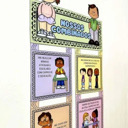 Painel com crianças e regras de comportamento na escola.