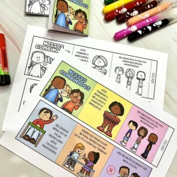 Painel de combinados escolares com desenhos e cores vibrantes.