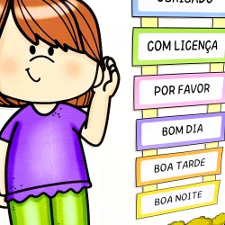 Cartaz com frases educativas como Obrigado, Com Licença, Por Favor, Bom Dia, Boa Tarde, Boa Noite.