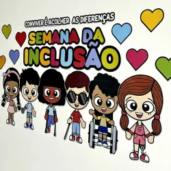 Ilustração de crianças diversas celebrando a Semana da Inclusão.
