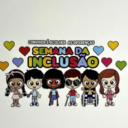 Ilustração de crianças diversas celebrando a Semana da Inclusão.