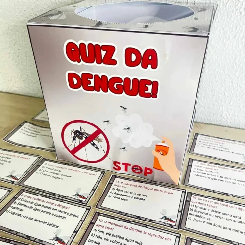 Caixa de quiz sobre dengue com ilustração de mosquito e símbolo de parada.