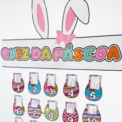 Imagem do Quiz da Páscoa com coelho e ovos decorativos coloridos.