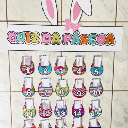 Atividade de quiz da Páscoa com ovos decorados coloridos.