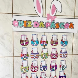 Decoração de quiz da Páscoa com orelhas de coelho e números de 1 a 20.