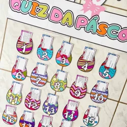 Ovos de Páscoa decorados com números e perguntas para quiz.