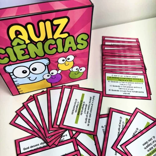 Cartas de quiz de ciências com perguntas educativas para crianças.