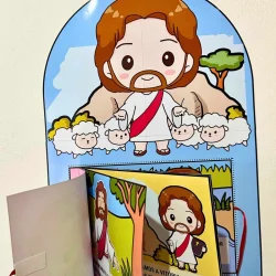Ilustração de Jesus com ovelhas, simbolizando a história da Páscoa cristã.