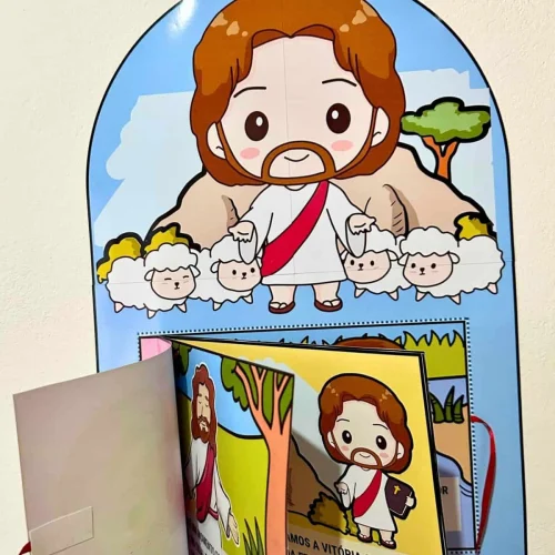 Ilustração de Jesus com ovelhas, simbolizando a história da Páscoa cristã.
