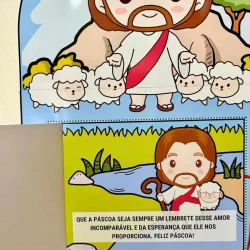 Ilustração de Jesus com ovelhas e mensagem de esperança na Páscoa.