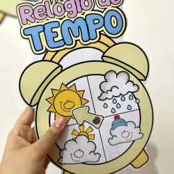 Relógio do tempo interativo com clima e hora para ensino infantil.