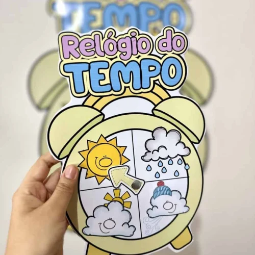 Relógio do tempo com desenhos de sol, nuvem, chuva e neve para ensino.