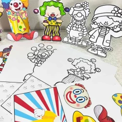 Figuras de palhaços coloridos para atividades educativas infantis.
