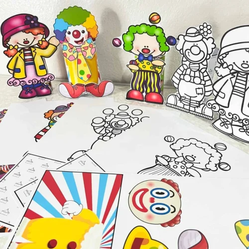 Figuras de palhaços coloridos para atividades educativas.
