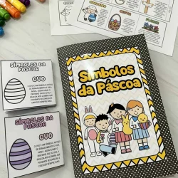 Caderno de símbolos da Páscoa com desenhos de ovos e personagens infantis.