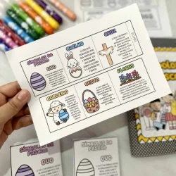 Imagem de atividade educativa com símbolos da Páscoa para crianças.