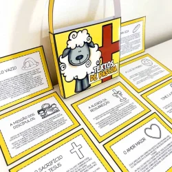 Material educativo de Páscoa com tema cristão e símbolos religiosos.